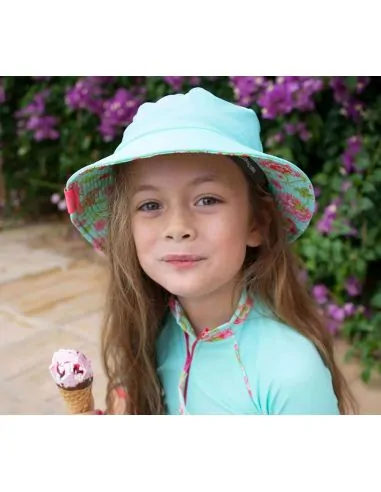 Chapeau anti UV bébé et enfant fille Moana turquoise revers fleur